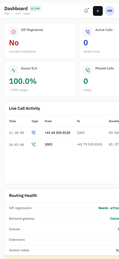 Mixel PBX iPhone app — dashboard