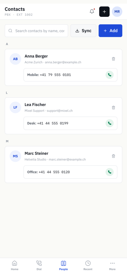 Mixel PBX iPhone app — Contacts and presence